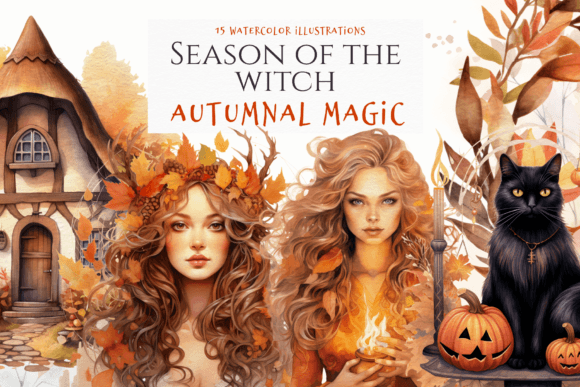 Autumnal Fall Witch Magic Watercolor Art Illustrations
