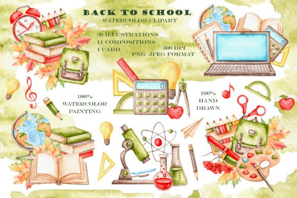 Back to School Watercolor Clipart: Books & Illustrations for Handmade Crafters