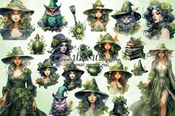 Green Witch Watercolor Clipart Bundle: Illustrations Review