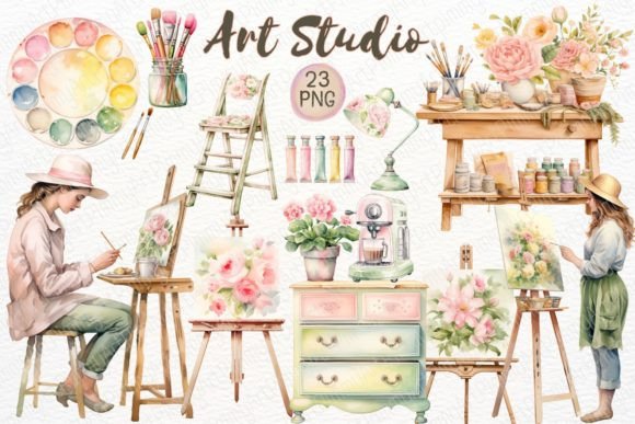 h1Artist Girl Watercolor - Art Studio PNG for Illustrations and Digital Product Sellers/h1