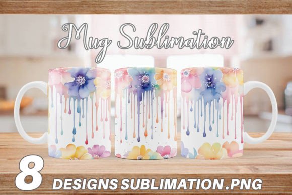 Mug Wraps Watercolor Flowers Dripping Illustrations