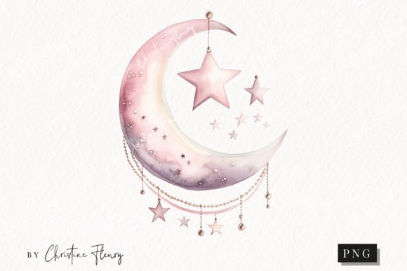 Pink Moon & Stars Watercolor Illustrations for Dreamy Design Projects