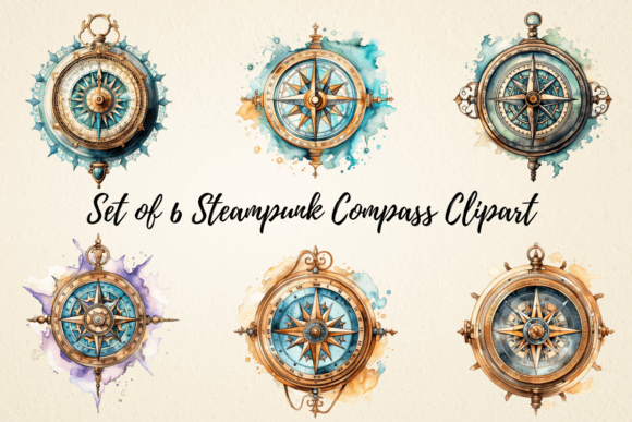 Steampunk Compass Watercolor Clipart Illustrations