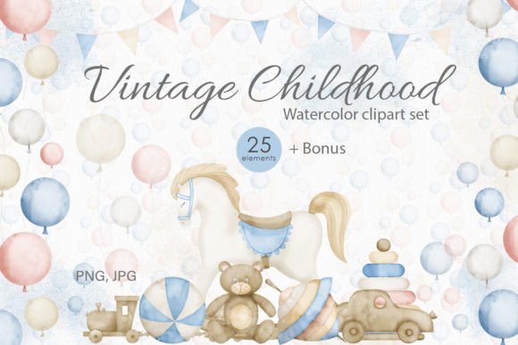 Vintage Baby Toys Clipart Watercolor Illustrations