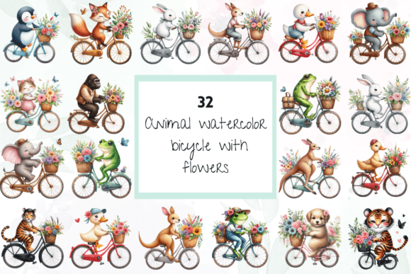 Watercolor Animal Bicycle with Flowers Illustrations for Digital Sellers