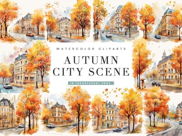 Watercolor Autumn City Scene Illustrations