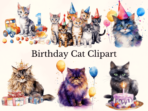 Watercolor Birthday Cat Clipart in Illustrations