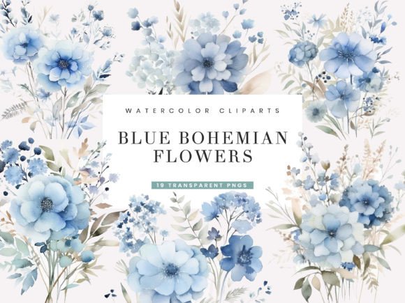 Watercolor Blue Bohemian Flower Clipart: A Fresh Illustration for Modern Branding
