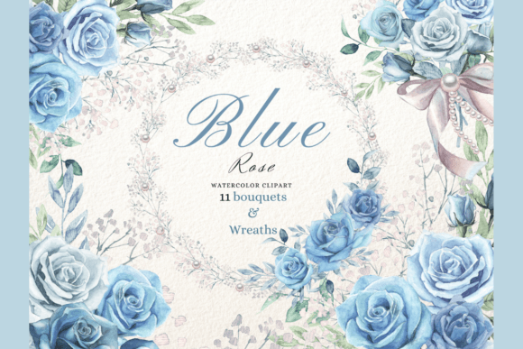 Watercolor Blue Rose Wreaths & Bouquets Illustrations