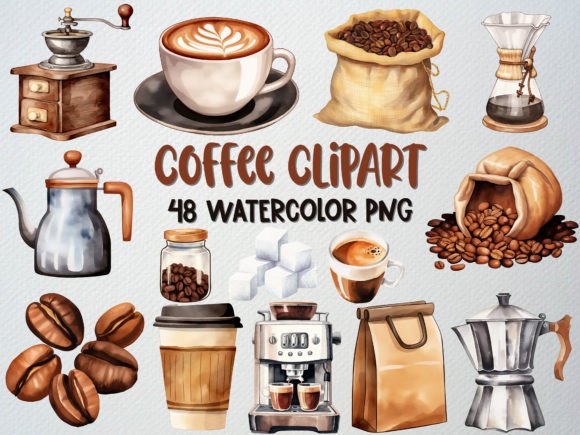Watercolor Coffee Clipart Set: 48 PNG Illustrations