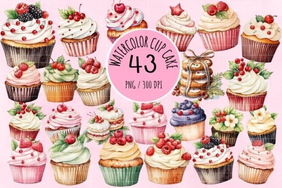 Watercolor Cup Cake Clipart for Brand Illustrations