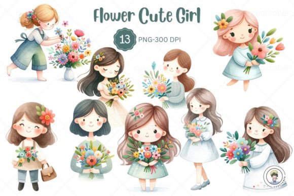 Watercolor Cute Girl Flower Clipart for Blog & Editorial Design