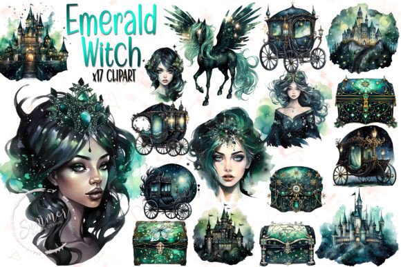 Watercolor Emerald Witch Illustrations for Crafting