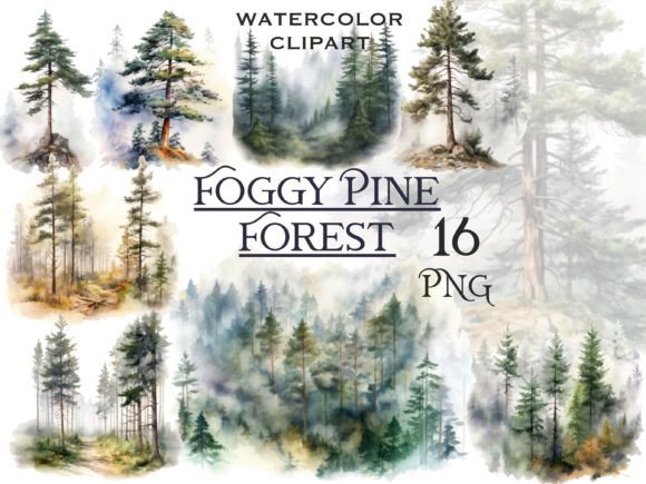 Watercolor Foggy Pine Forest Illustrations for Crafting