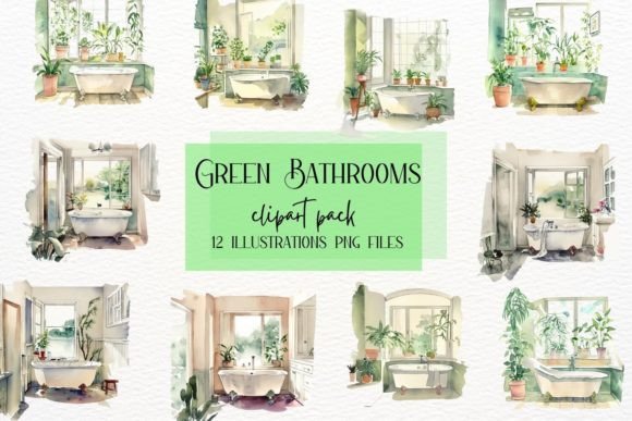 Watercolor Green Bathroom Interior Illustrations: A Fresh Touch for Local Branding