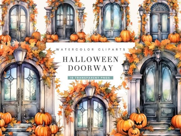 Watercolor Halloween Doorway Clipart Illustrations