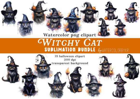 Watercolor Halloween Witchy Cat Illustrations Bundle