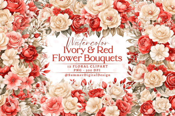 Watercolor Ivory and Pearl Red Flowers Illustrations