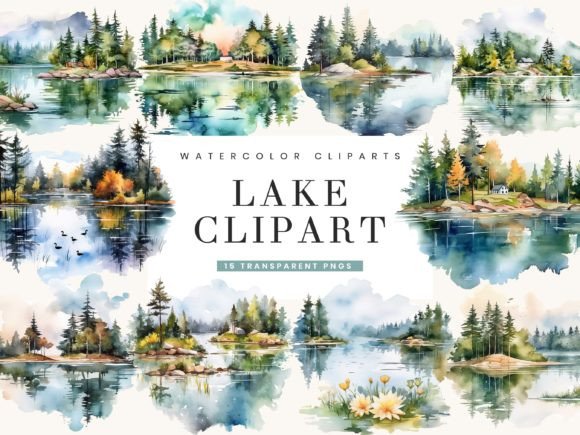Watercolor Lake Illustrations for Commercial Products