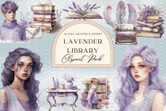 Watercolor Lavender Library Book Lover Illustrations