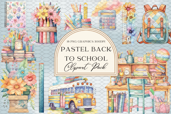 Watercolor Pastel Back to School Art Illustrations