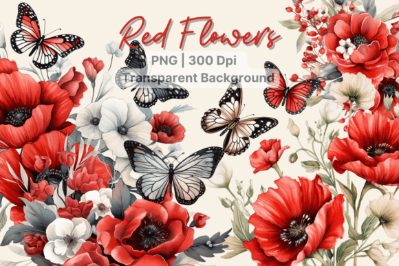 Watercolor Red Flower Butterfly Clipart for Creative Sellers