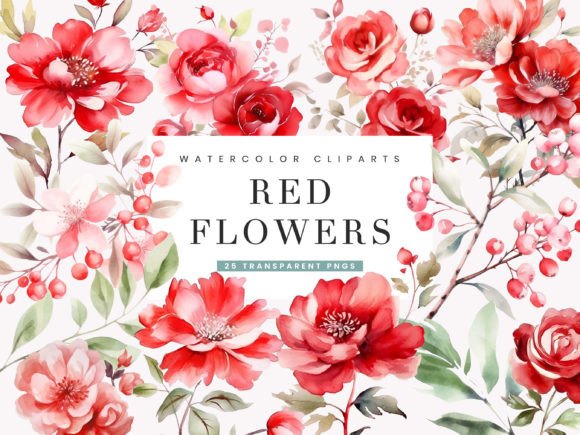 Watercolor Red Flowers Clipart Bundle: Elegant Illustrations for Branding & Marketing