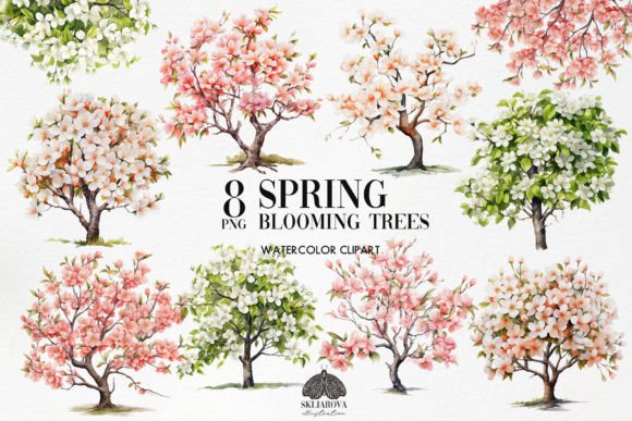 Watercolor Spring Blooming Trees Clipart: A Fresh Illustration for Branding and Marketing