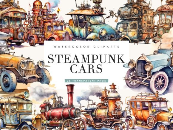 Watercolor Steampunk Cars Illustrations Review