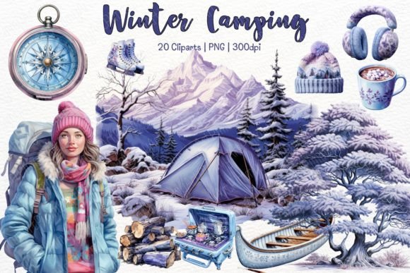 Watercolor Winter Camping Clipart PNG: A Cozy Illustration for Seasonal Branding