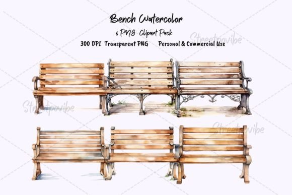 Wooden Bench Watercolor Clipart PNG Pack